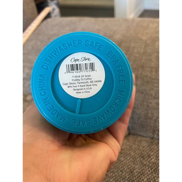 CAPE SHORE new travel mug plastic printed front Crabby patty coffee 8" tall blue - Picture 5 of 9